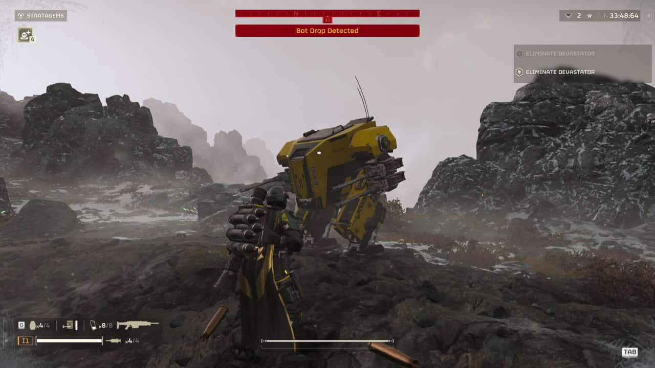 A character in armor stands on rocky terrain, facing a large yellow mech. The screen displays "Bot Drop Detected" and mission objectives on the top and right side, reminiscent of the intense missions in Helldivers 2.