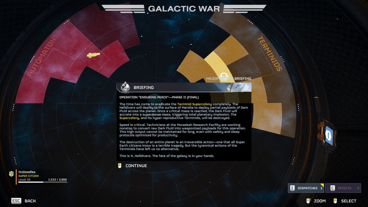 A game screen titled "Galactic War" with a briefing for "Operation: Evolving Peace" is displayed, reminiscent of Helldivers 2. The map shows three zones: Automatons, Madosha, and Terminitus. Various game menus and stats are shown at the borders.