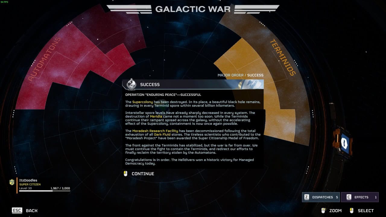 Game screen displaying a mission success message in "Galactic War." Operation "Encountering Peace" is completed. The message details the mission's success, points awarded, and its historic significance against the backdrop of Meridia.