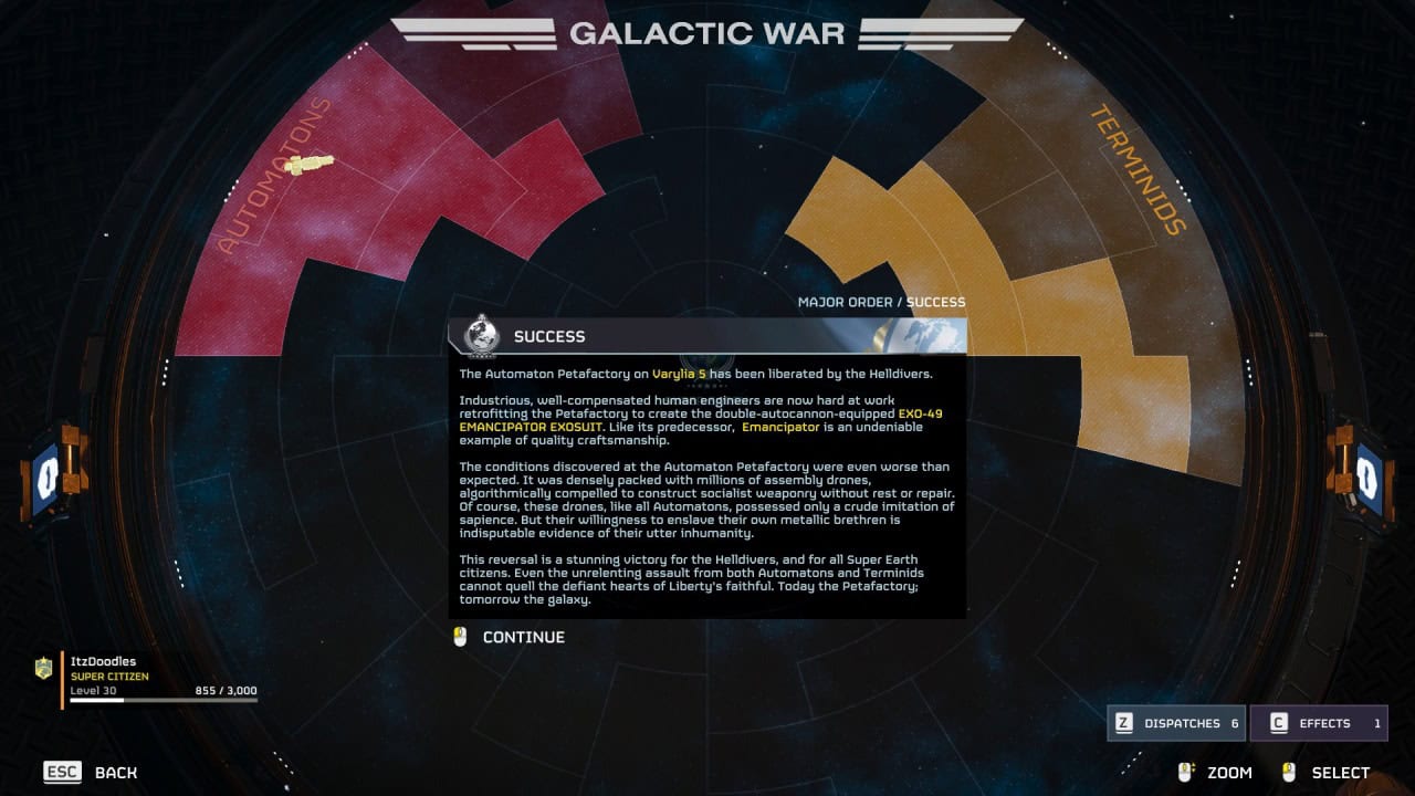 A user interface from a game titled "Galactic War" shows a mission success screen displaying mission details and factions involved, with a sleek new Mech highlight and a "Continue" option at the bottom.