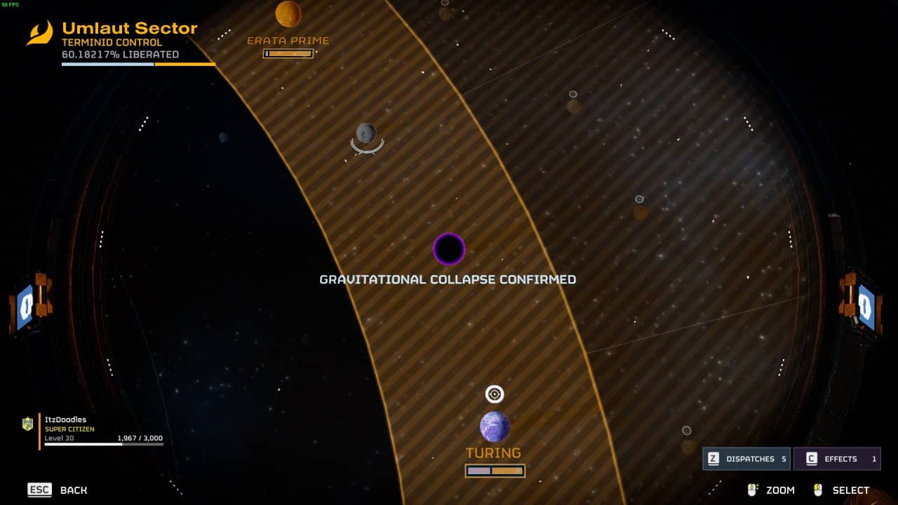 A space-themed game screen shows the Umlaut Sector with indicators for planets Erata Prime, Turing, and Meridia. A message reads "Gravitational Collapse Confirmed" at the center, hinting at a possible black hole. Menu options from Helldivers 2 are visible at the bottom.