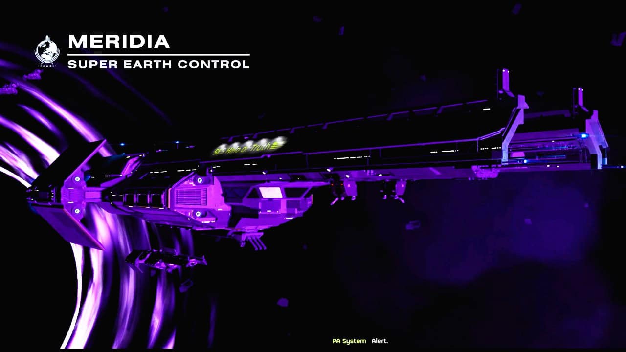 A large spaceship labeled "MERIDIA SUPER EARTH CONTROL" hovers in dark space with purple swirling lights, dangerously close to a black hole. Text at the bottom reads "PA System Alert.