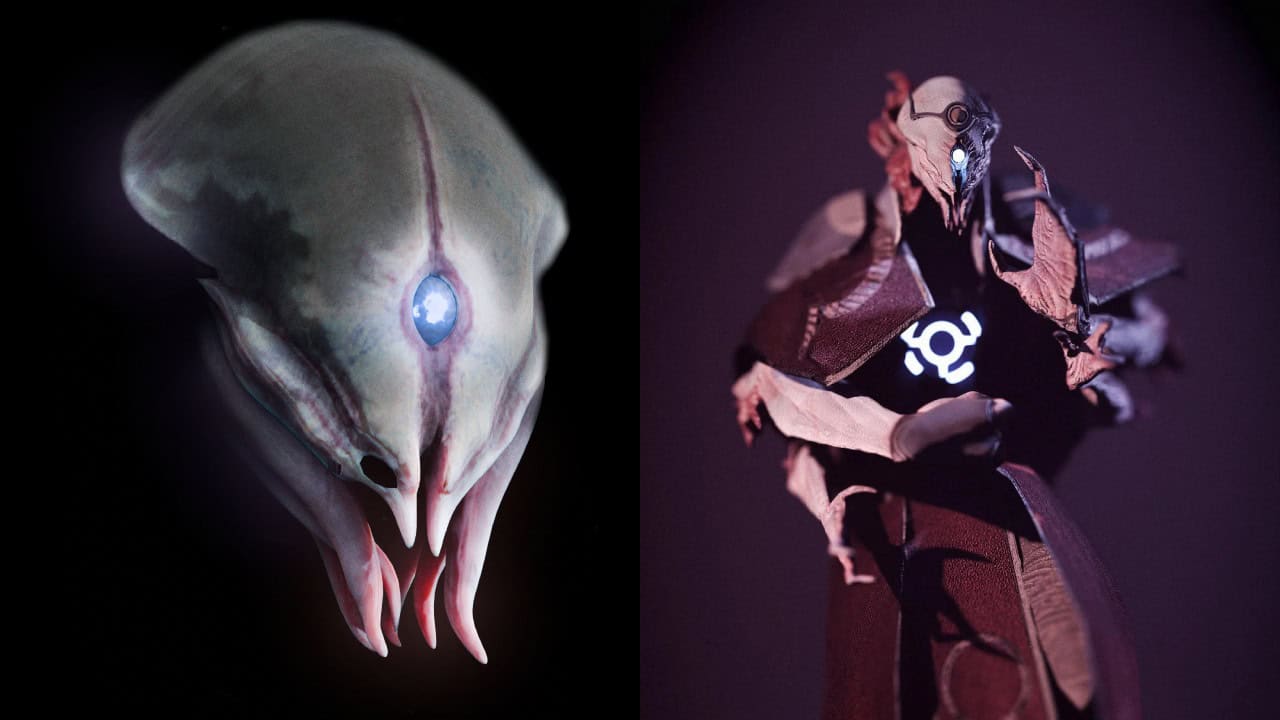 Left: A close-up of a creature with a shark-like head and sharp teeth. Right: A figure resembling an armored warrior with robotic features and intricate details from Helldivers 2.