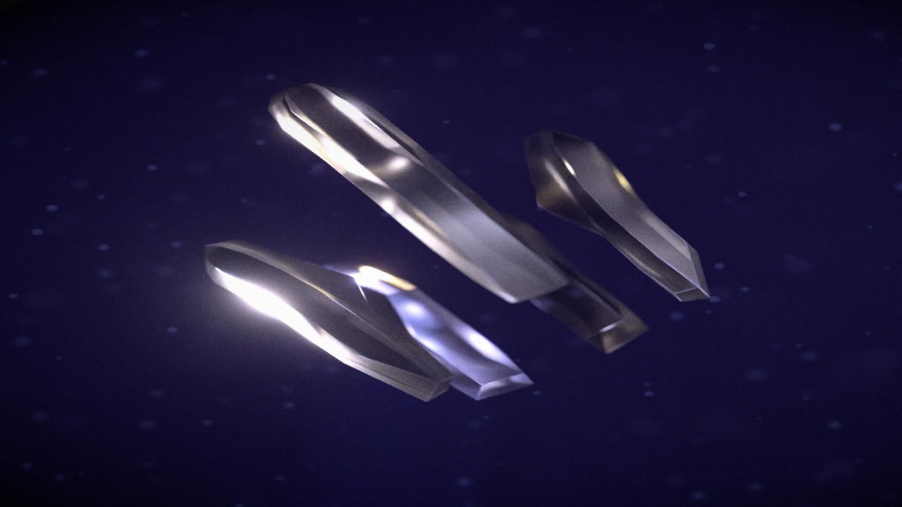 Abstract 3D rendering of four elongated, metallic shapes floating in a dark, starry background, reminiscent of the sleek, futuristic designs found in Helldivers 2.