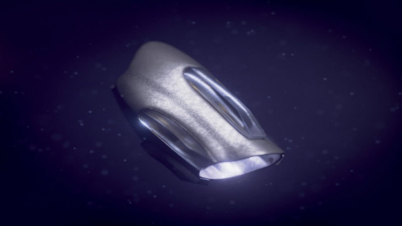 A streamlined, futuristic-looking metallic object with aerodynamic shapes, reminiscent of tech from Helldivers 2, set against a dark, starry background.