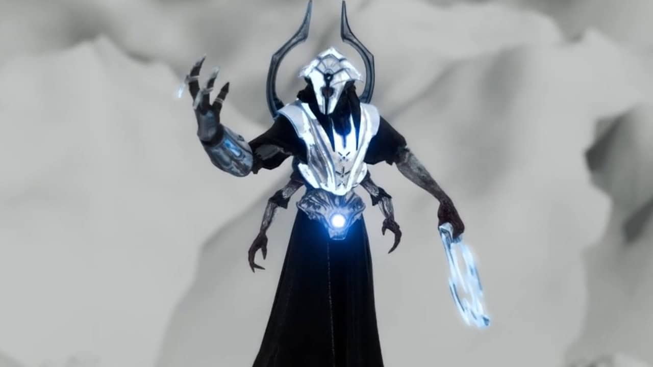 A dark-robed figure with glowing white accents, a metallic headpiece, and an extended clawed hand stands against a blurred gray background, evoking the mysterious aura of The Illuminate from Helldivers 2.