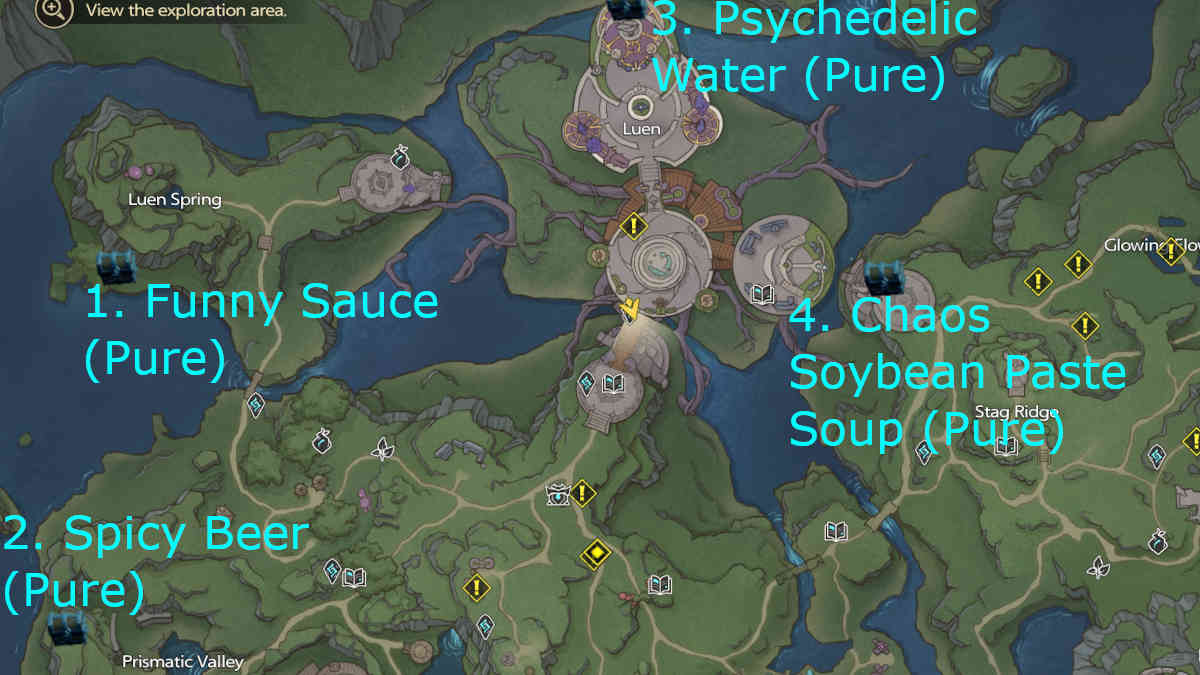 A map annotated witte locations of the Gourmet Chests for Misty Forest.