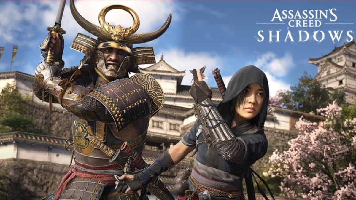 assassin's creed shadows release date - two characters pose holding weapons