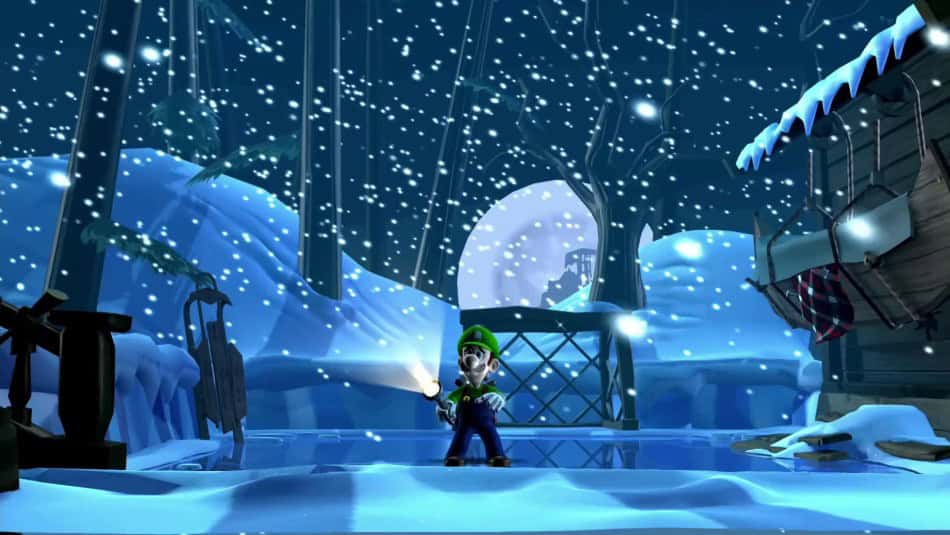 luigi's mansion hd release date - a man wearing green holds a flashlight while surrounded snow