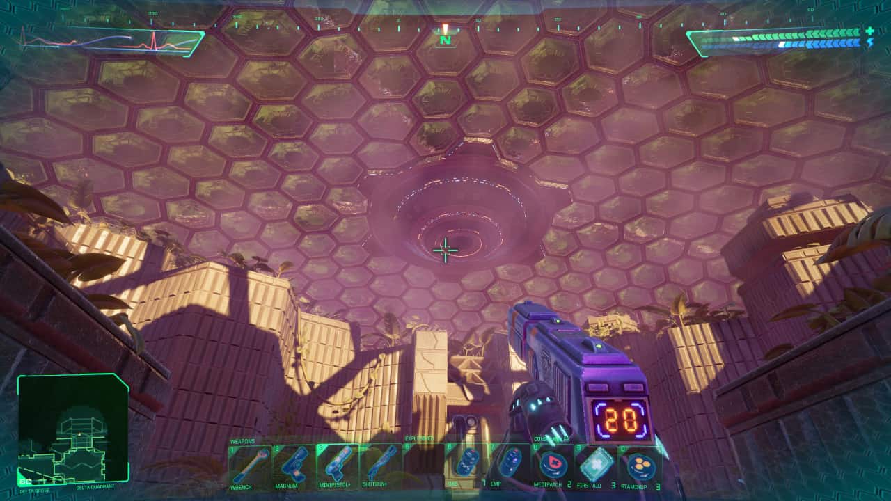 System Shock review: Player looks up at the hexagonal glass roof of a Grove district.