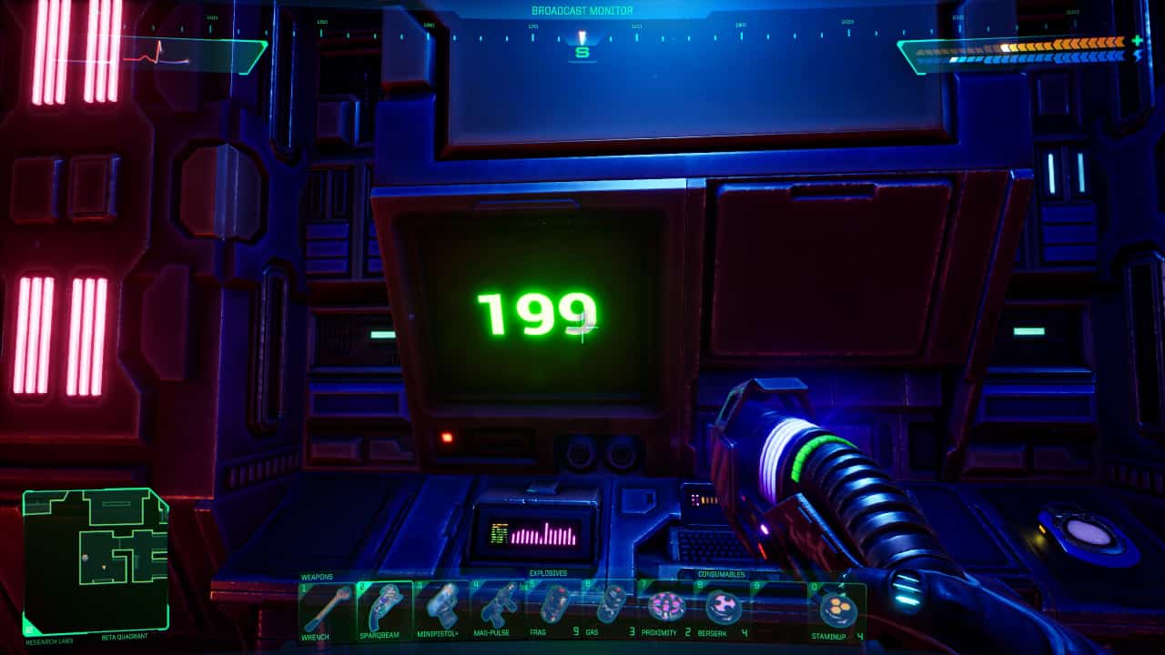 System Shock review: Player reads a three-digit code from the terminal in the library archive.