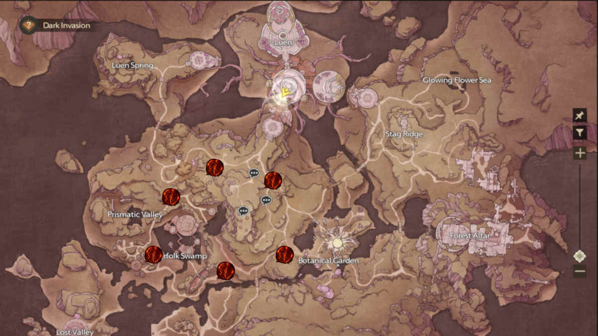 A map image of the locations of the rift portals around the Misty Forest Dark Invasion event.