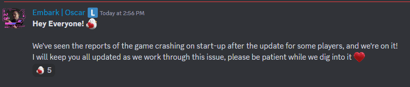 The Finals Discord message about crashes