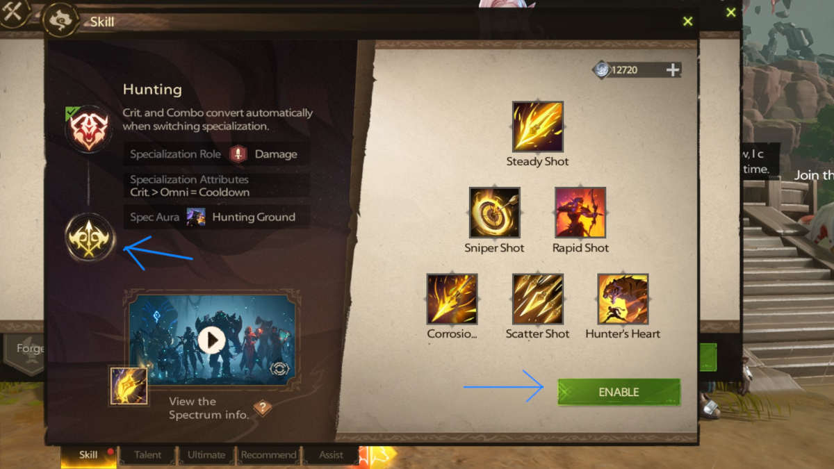 A picture of an in game menu, featuring skills, specialization for Tarisland Ranger class.