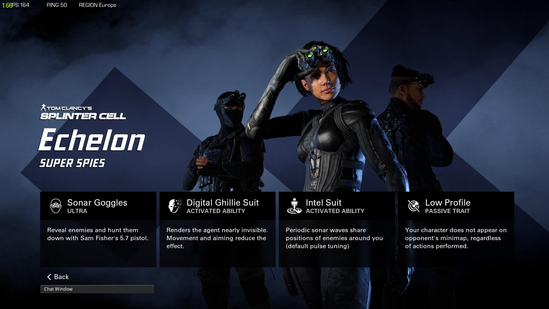 A squad of operatives in tactical gear are featured. Text descriptions detail four abilities: Sonar Goggles, Digital Ghillie Suit, Intel Suit, and Low Profile. Experience the action in "Tom Clancy's Splinter Cell Echelon," part of the XDefiant universe.