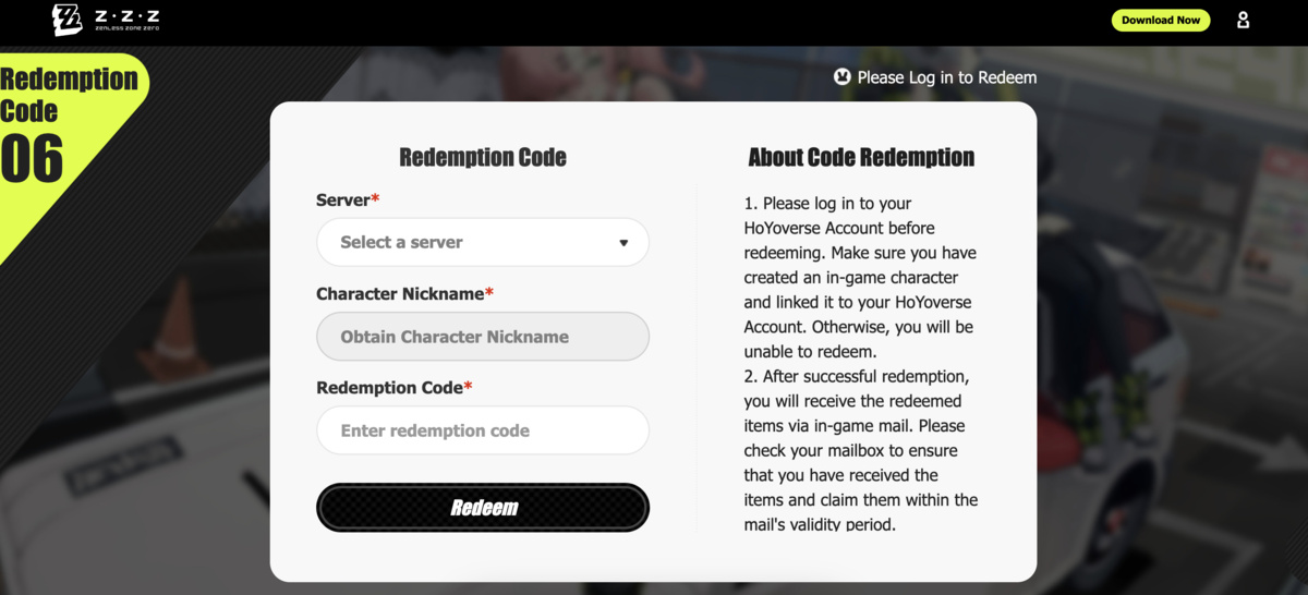 Zenless Zone Zero codes: online code redemption process.