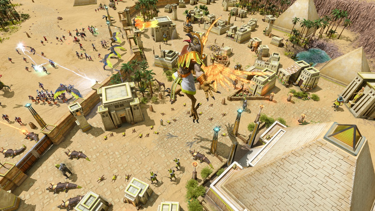 A Titan rises near an Egyptian settlement as troops fight each other in Age of Mythology: Retold.