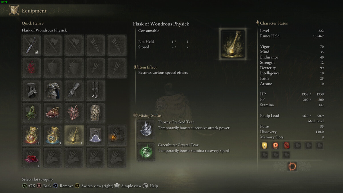 Elden Ring Shadow of the Erdtree best Backhand Blade build: Mixed Physick menu.