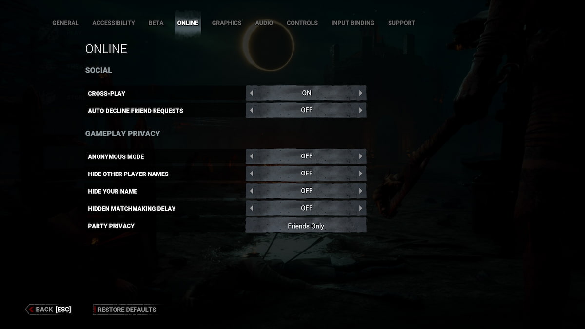 Image of the Options menu in Dead by Daylight, showing the Online tab and crossplay options.