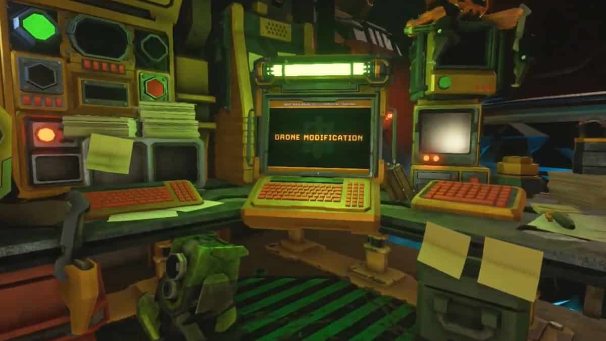 A screenshot of a computer room in Deep Rock Galactic video game.