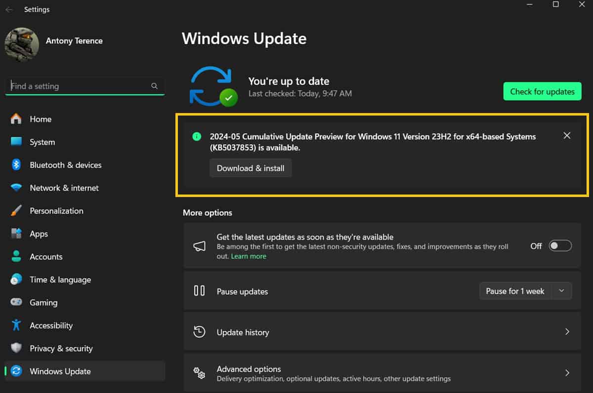 The Windows update screen with an update highlighted.