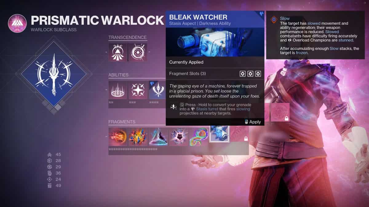 A player checks out the Bleak Watcher aspect on their Prismatic Warlock.