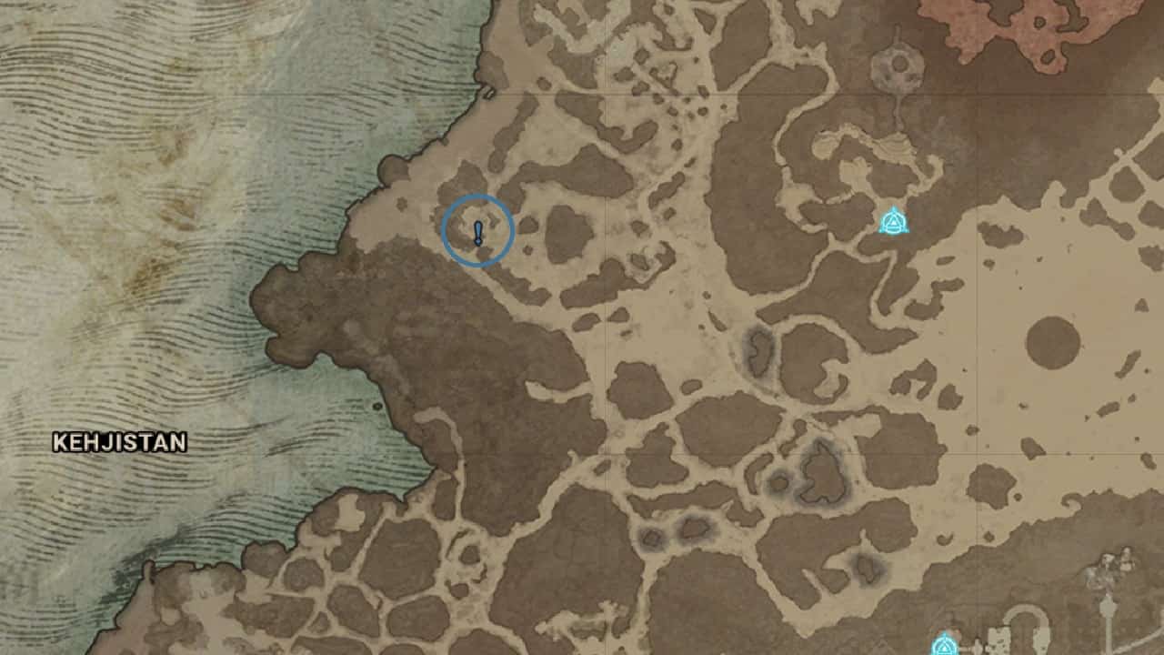 Diablo 4 The Pilgrim's Footsteps quest walkthrough: An image of the in-game map with The Pilgrim's Footsteps quest marker highlighted.