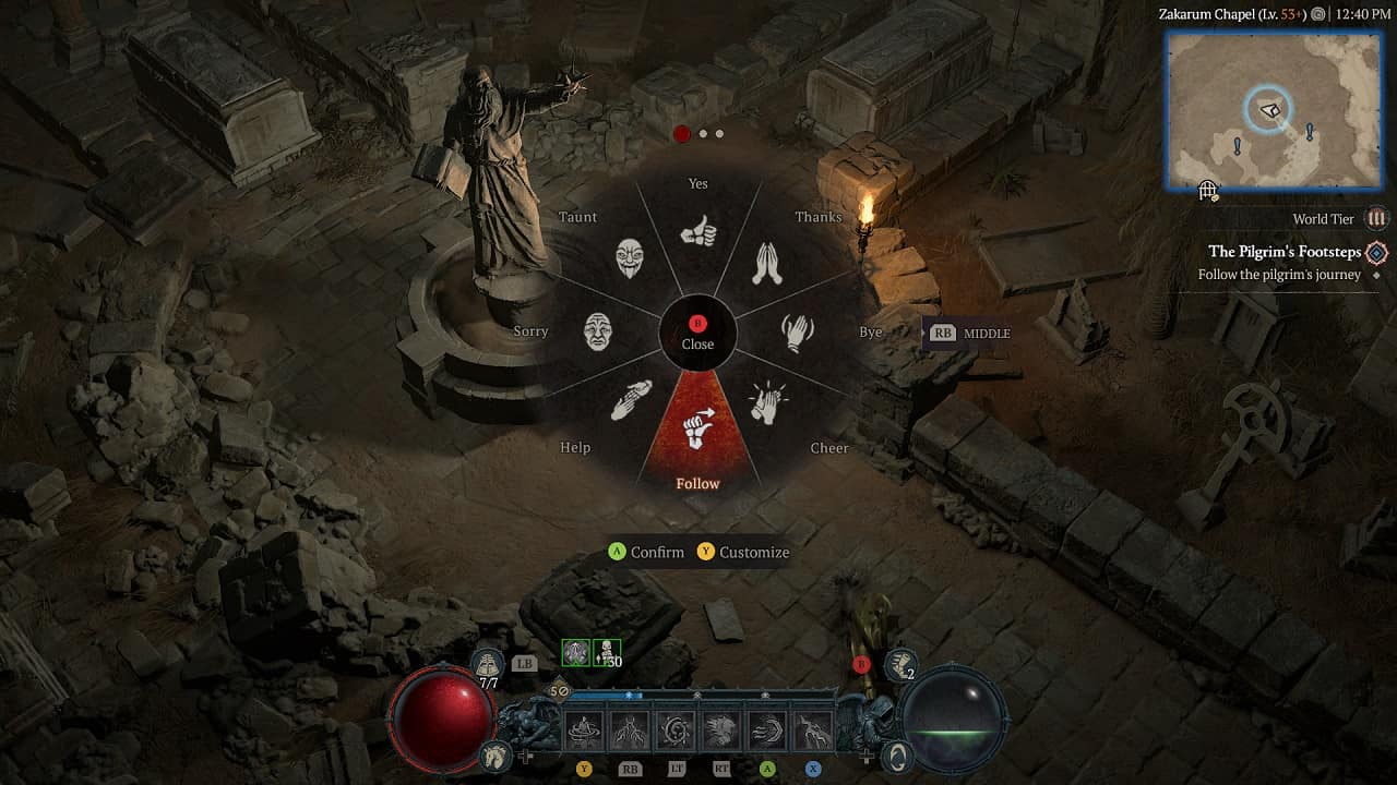 Diablo 4 The Pilgrim's Footsteps quest walkthrough: An image of the emote wheel of a player as they stand in front of a statue of a bearded man holding a book.