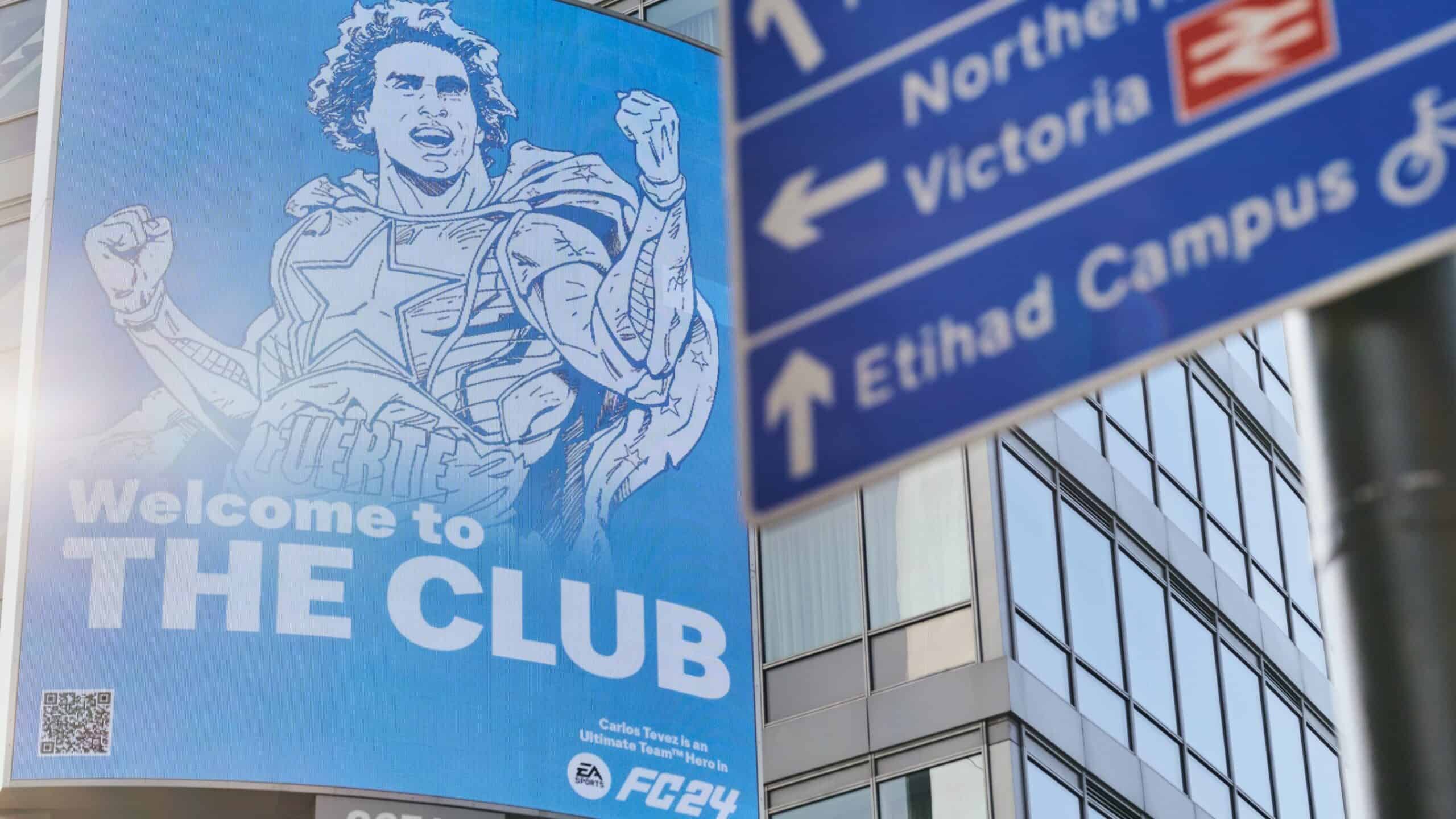 A stunning EA Sports FC billboard advertising Man City Heroes with revealed ratings.
