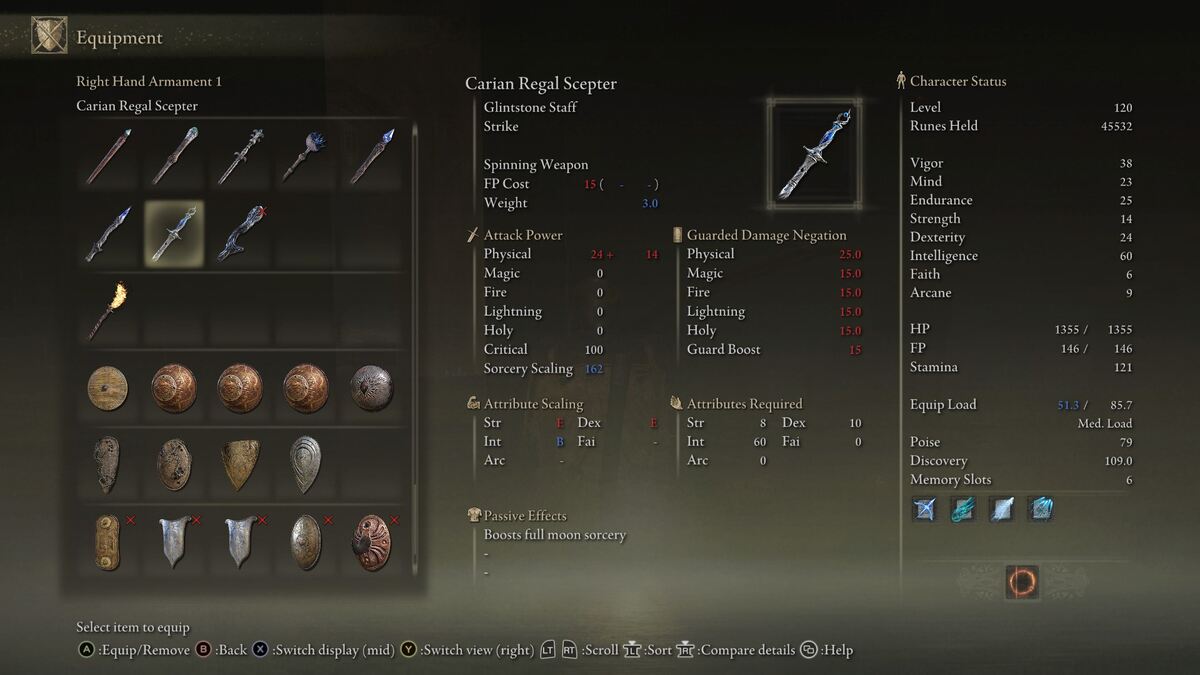 Elden Ring Carian Regal Scepter: The stats of the Carian Royal Scepter in Elden RIng.