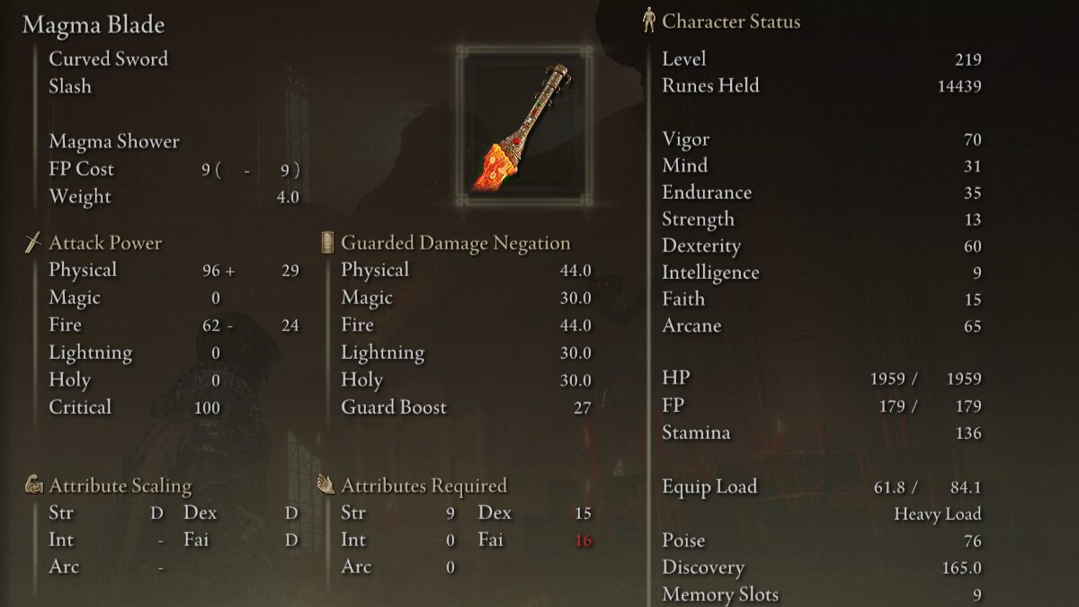 Elden Ring Magma Blade: The stats of the Magma Blade in Elden Ring.