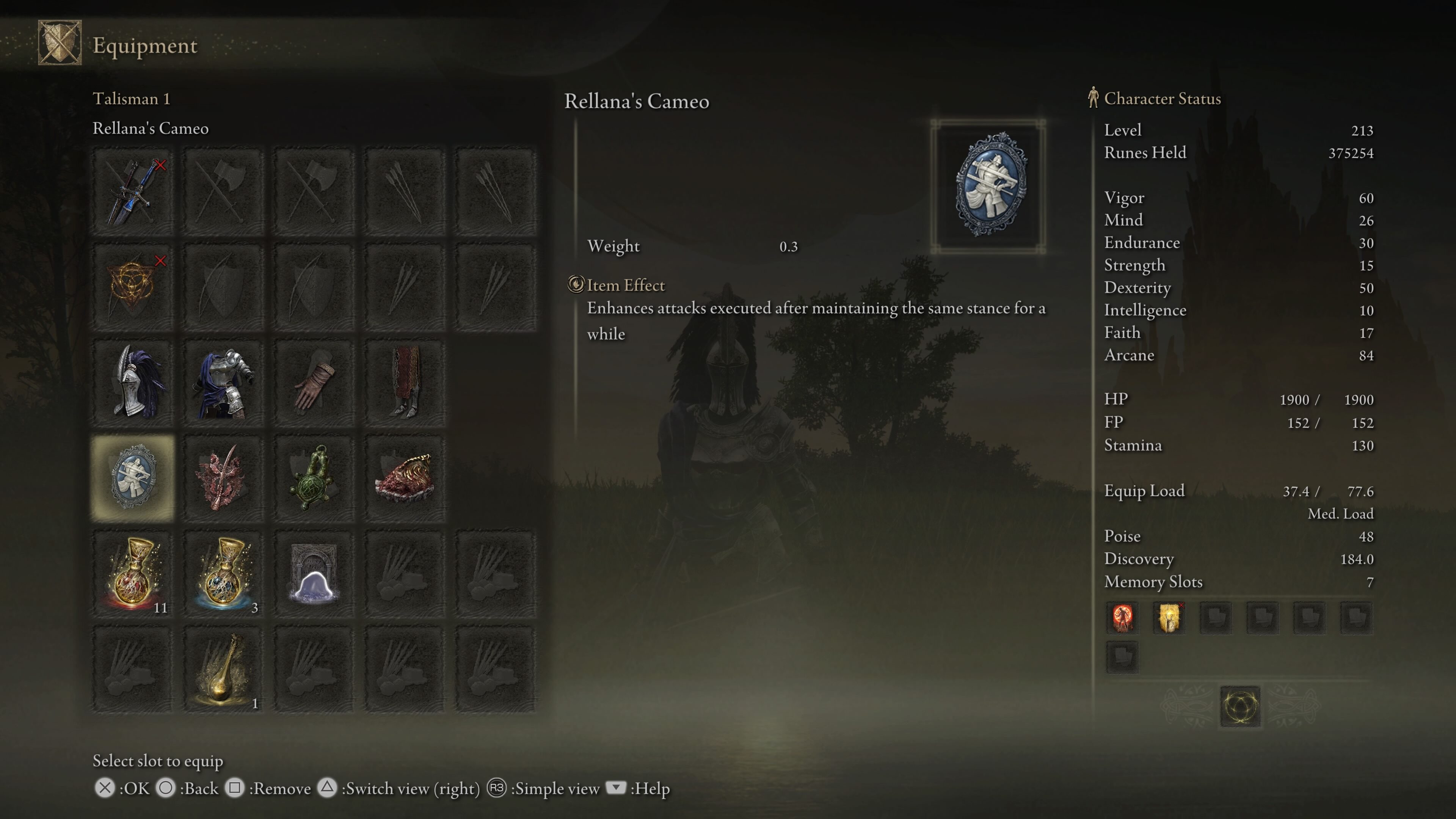 build for rellana's twin blades shadow of the erdtree - a menu in the game showing talisman