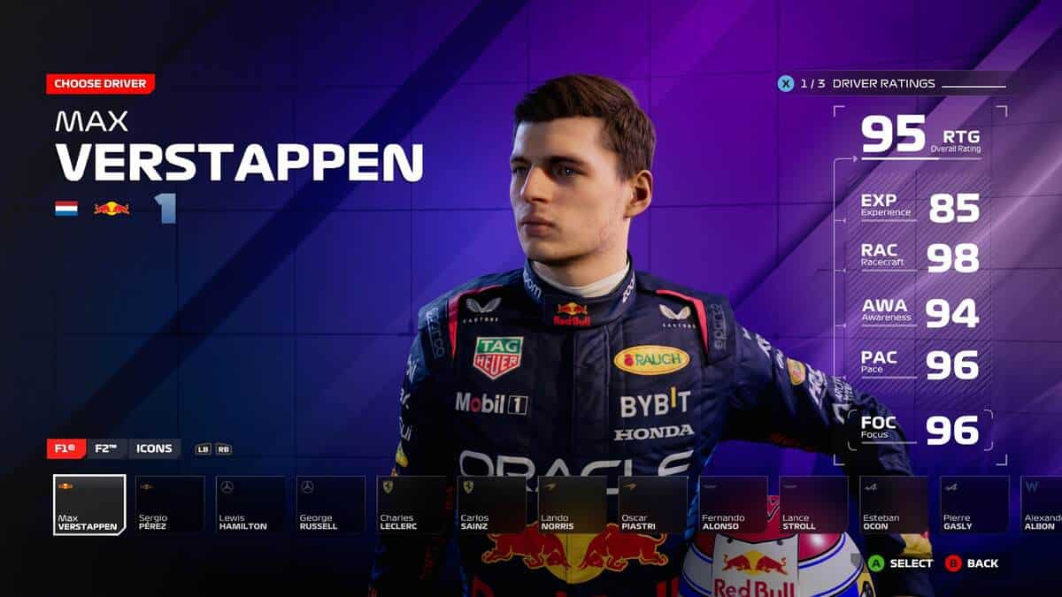 F1 24 driver ratings: Max Verstappen's driver rating screen in the Career Mode menu.