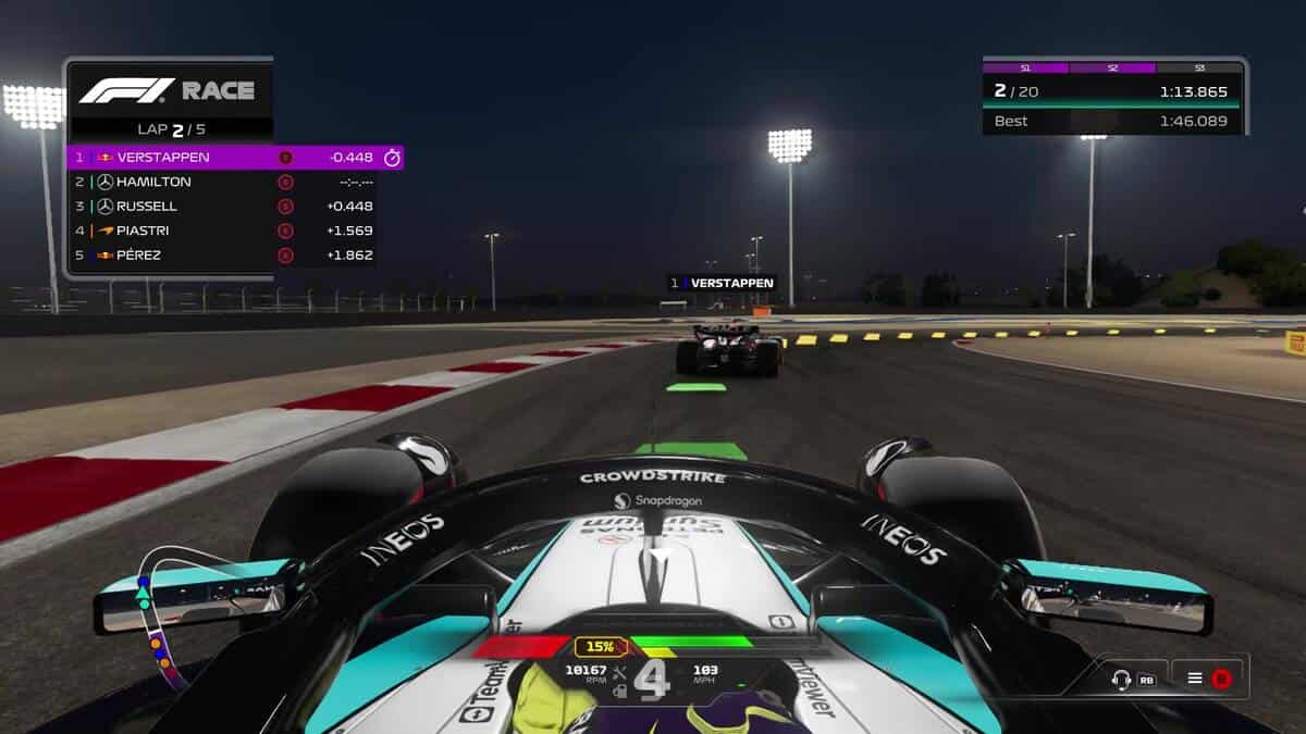 F1 24 preview: Driving in a Mercedes car behind Max Verstappen as he goes around a corner to the right.