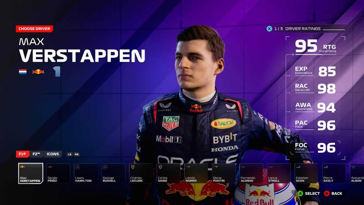 F1 24 preview: Max Verstappen in the driver selection menu for Career Mode.