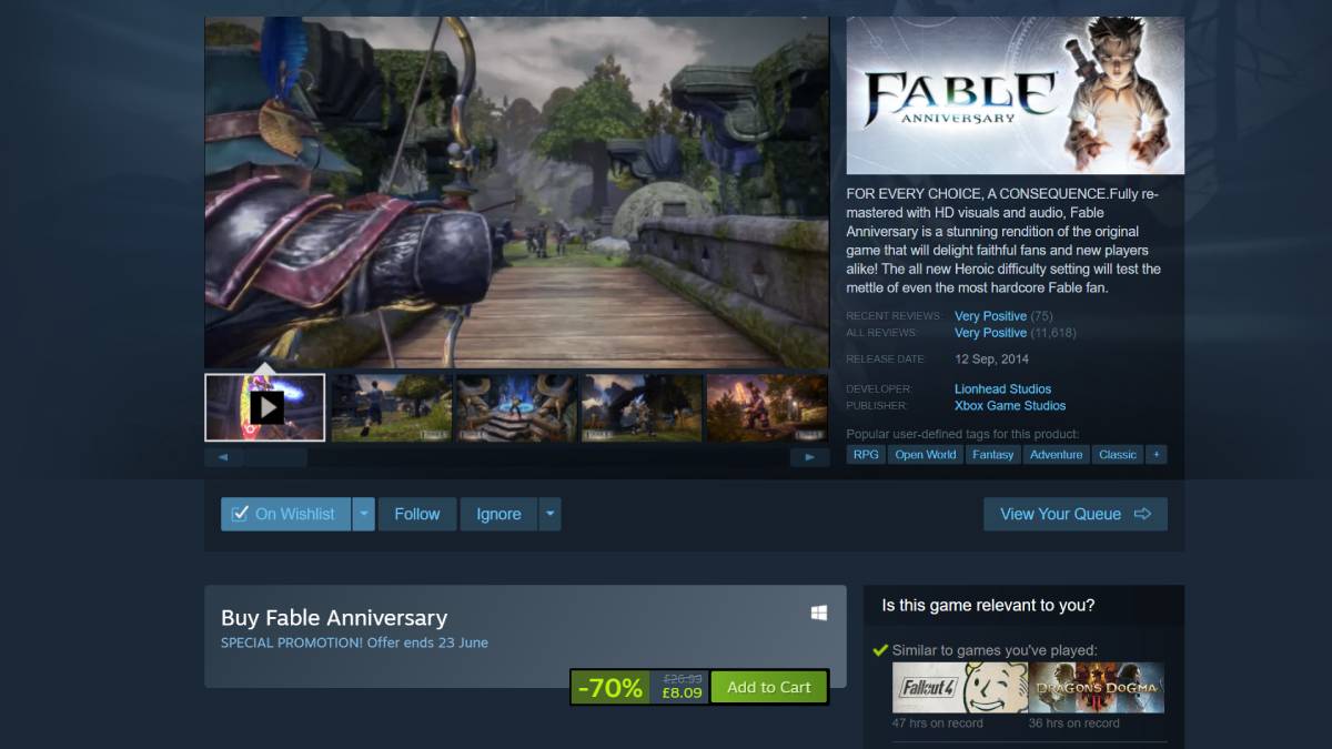 A screenshot from Fable Anniversary's Steam page.