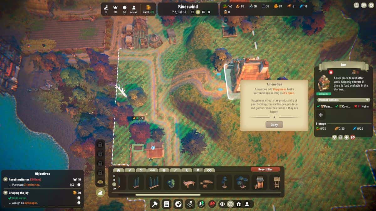 Fabledom review: top-down view of a village shows a building menu and information pop-ups.