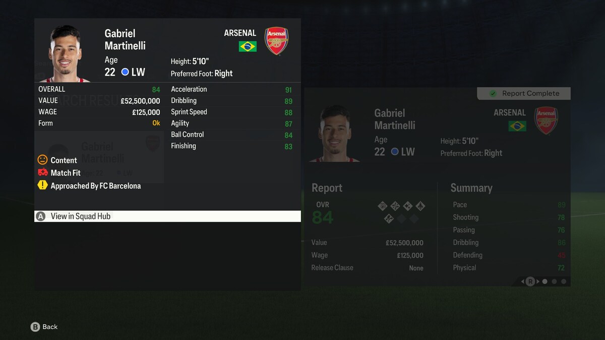 FC 24 best young LWs: The stats page of Gabriel Martinelli in transfer hub in Career Mode.