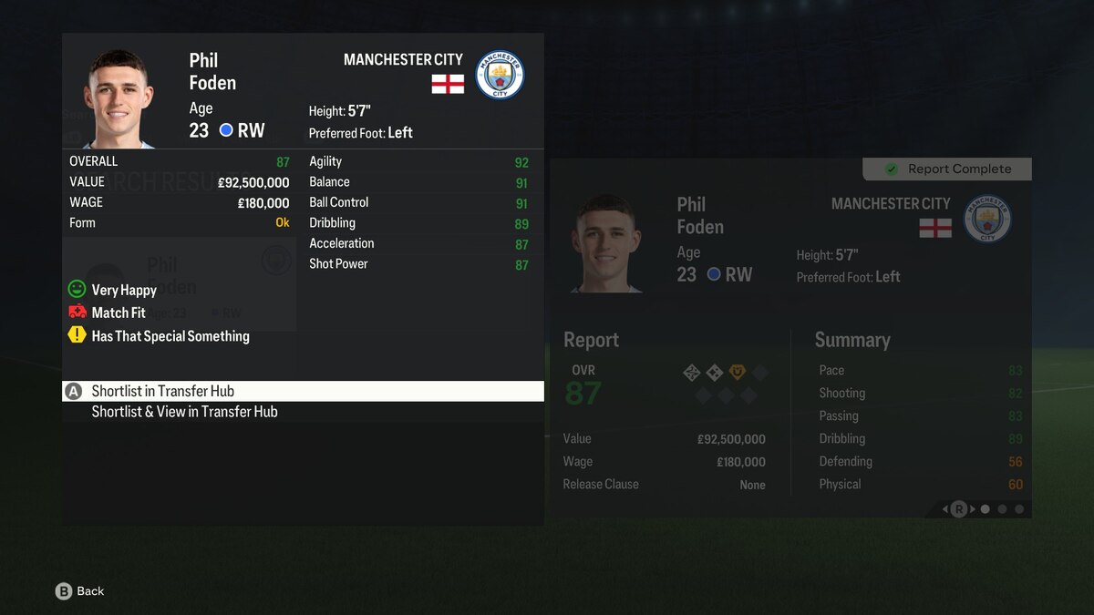 FC 24 best young LWs: The stats page of Phil Foden in transfer hub in Career Mode.