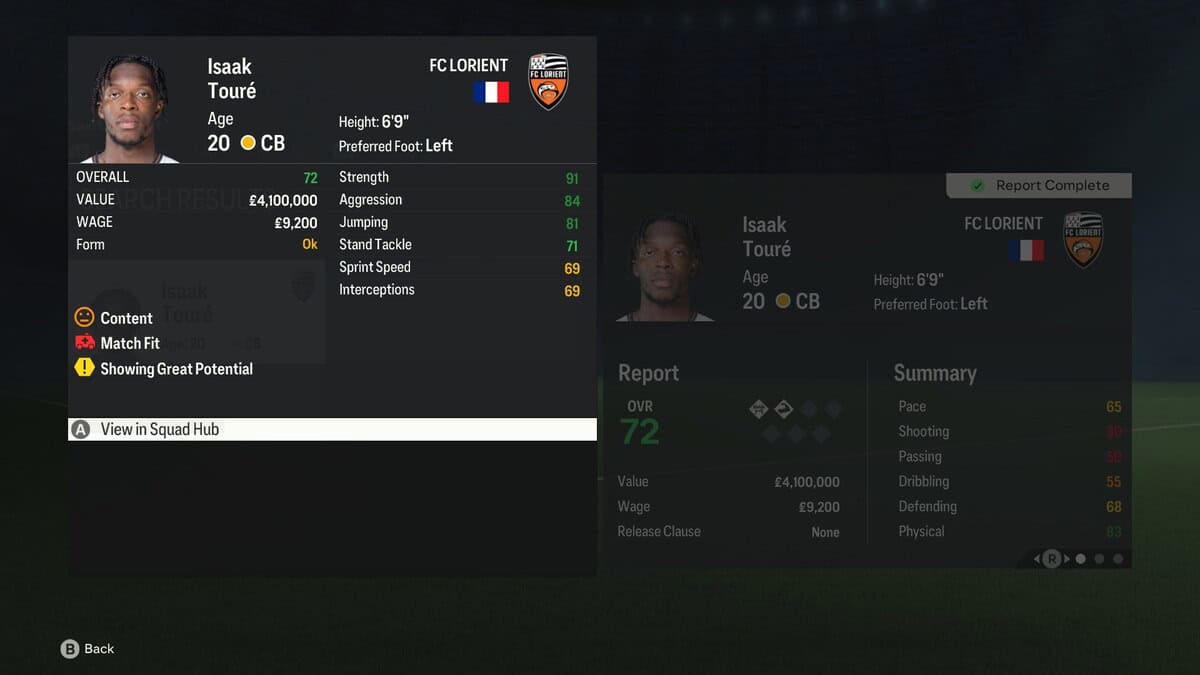FC 24 tallest players: Isaak Touré's stat page in the transfer hub of Career Mode in FC 24.