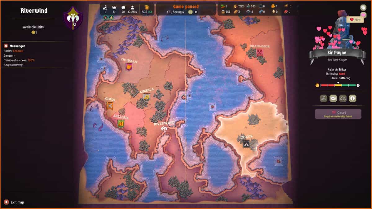 Fabledom review: a medieval fantasy map with various regions, quest icons, and unit details. A sidebar on the left lists a messenger unit's attributes and a knight's status on the right.