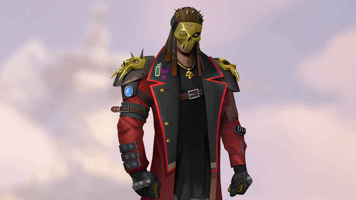 Illustration of a character with a golden mask, wearing a red and black jacket with futuristic accessories from Fortnite Chapter 5, standing against a cloudy sky background.