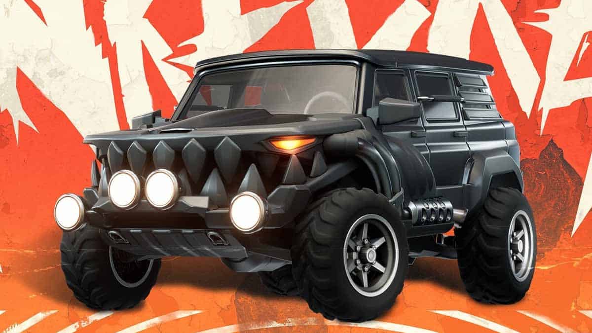 A black, armored, off-road vehicle with large tires and four circular headlights, reminiscent of a Fortnite buff upgrade, is set against a red, jagged background.