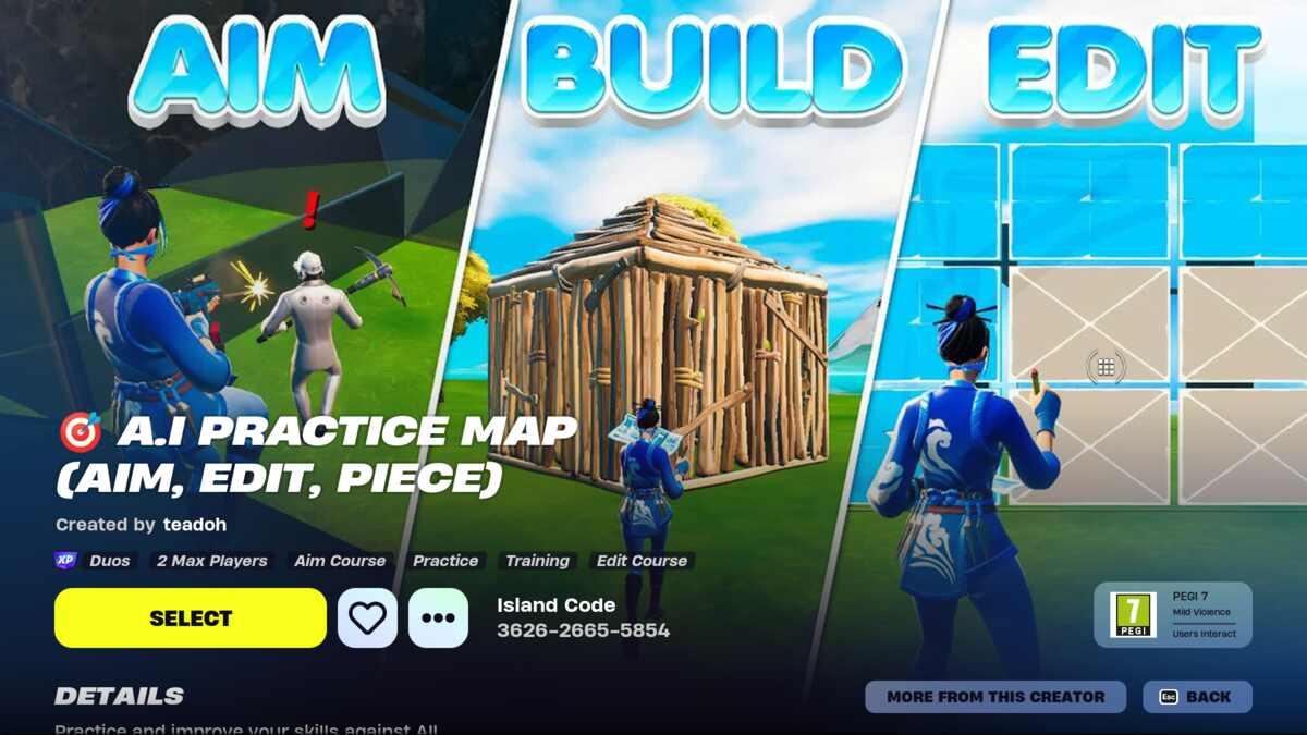 The title screen for the A.I. Practice Map map in Fortnite Creative.
