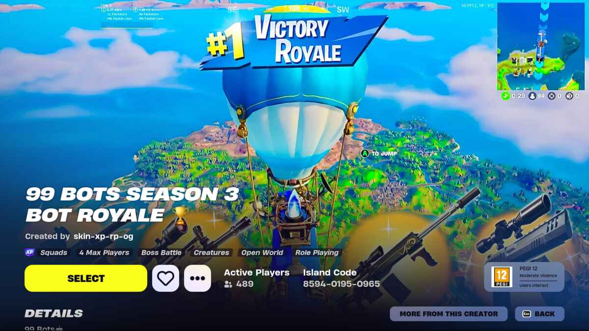 The title screen for the 99 Bots Season 3 Bot Royale map in Fortnite Creative.