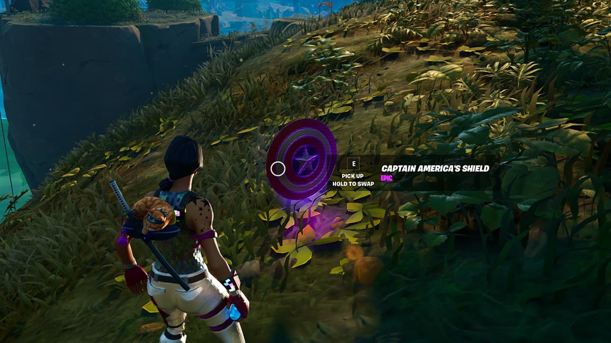 Image of a Fortnite player looting Captain America's Shield.