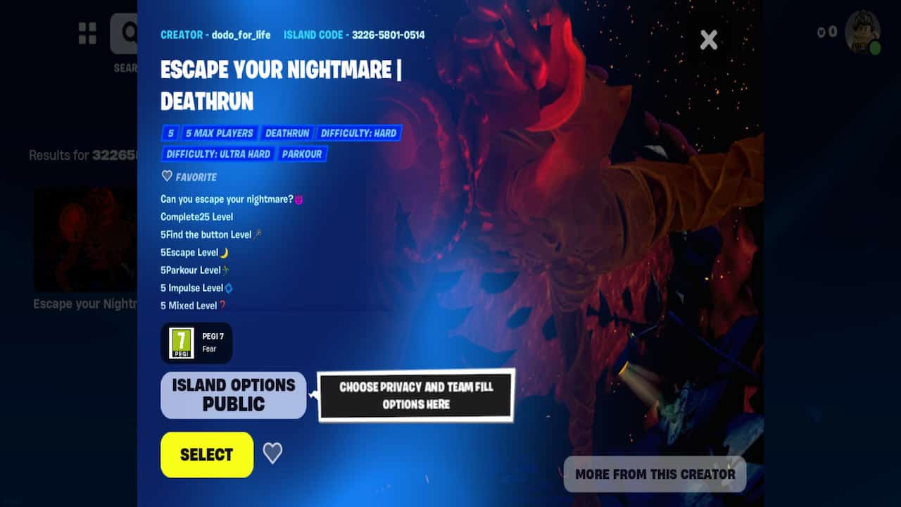 A screenshot of Escape Your Nightmare deathrun map in Fortnite. Image captured by VideoGamer.