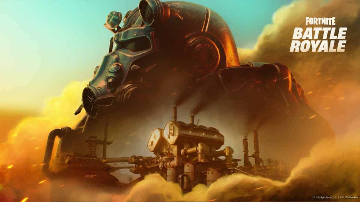 Affiche promotionnelle de Fortnite Battle Royale représentant un grand casque blindé au-dessus d'une structure industrielle au milieu des nuages, évoquant une ambiance dystopique inspirée de Fallout.
