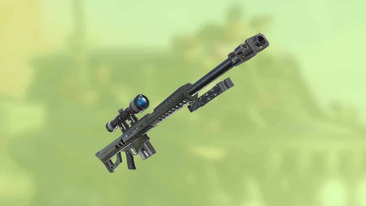 A high-caliber sniper rifle with a scope, rumored to be part of a Fortnite leak for Season 3, is displayed against a blurred background. The new weapon features a long barrel and a bipod attachment.