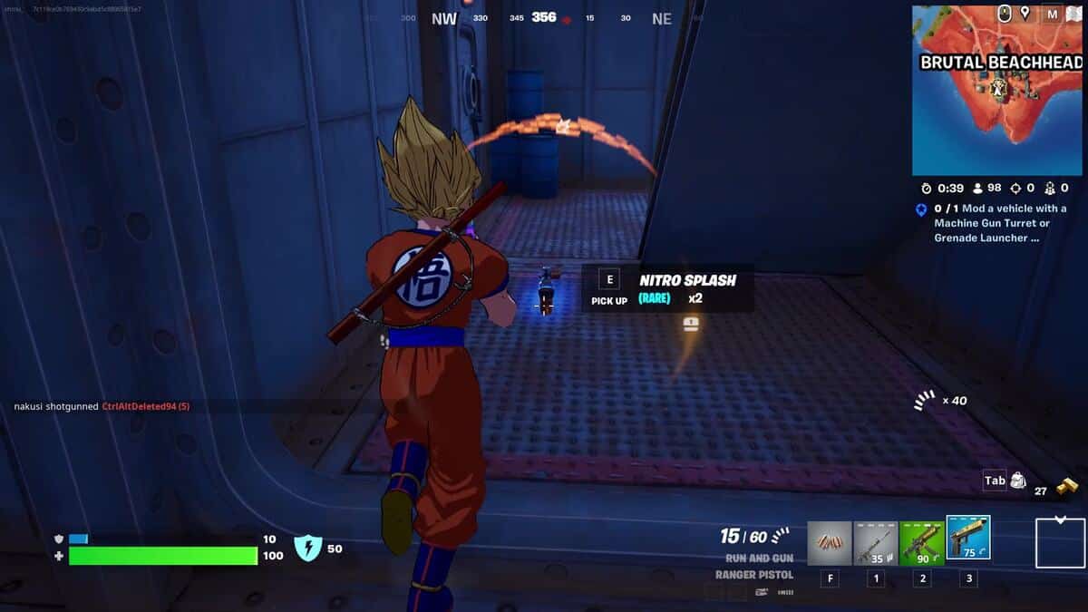 Fortnite how to get Nitro: A player with a Goku skin in a metallic corridor standing in front of a Nitro Splash can.
